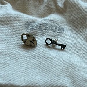 Fossil heart and key lock earring